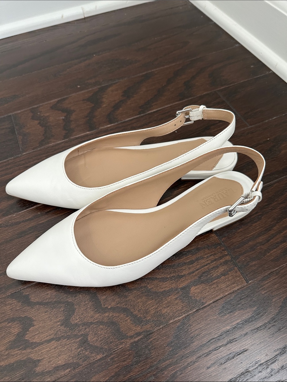 Lauren Ralph Lauren White Pointed Slingback Flats with Buckle - Picture 2 of 6